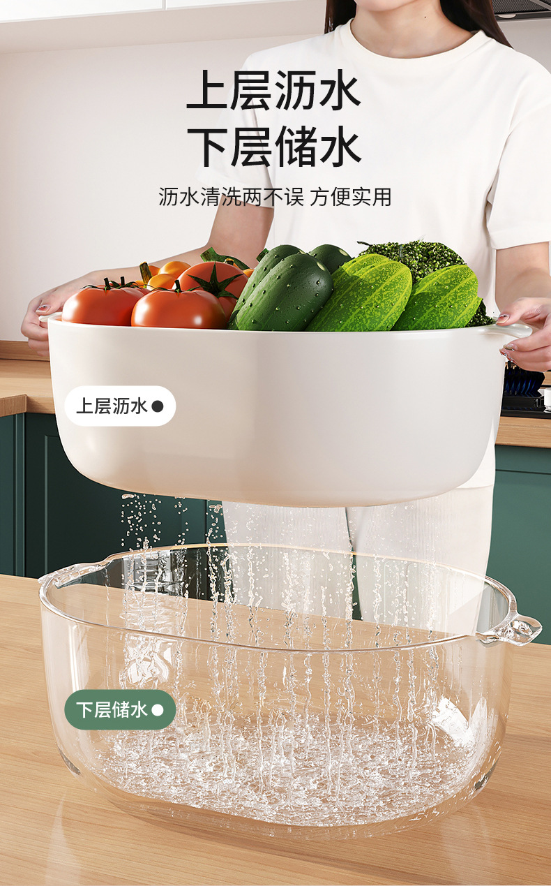 PET透明轻奢沥水篮洗菜盆厨房碗架双层特大号家用洗水果洗菜篮子详情3