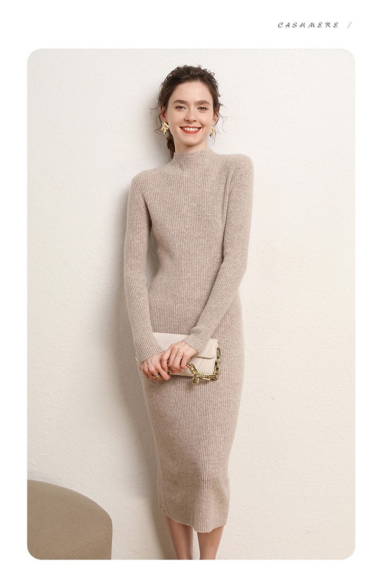 Early autumn semi-high-neck wool dress for women, mid-length sweater, knee-length cashmere knitted body-hugging skirt, long skirt as a base layer pic 25