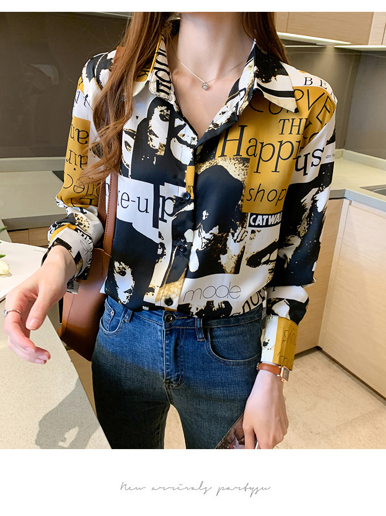 Hong Kong-style printed shirt for women, a niche design, a new 2020 early autumn style, stylish and retro Hong Kong-style chiffon long-sleeved top pic 16