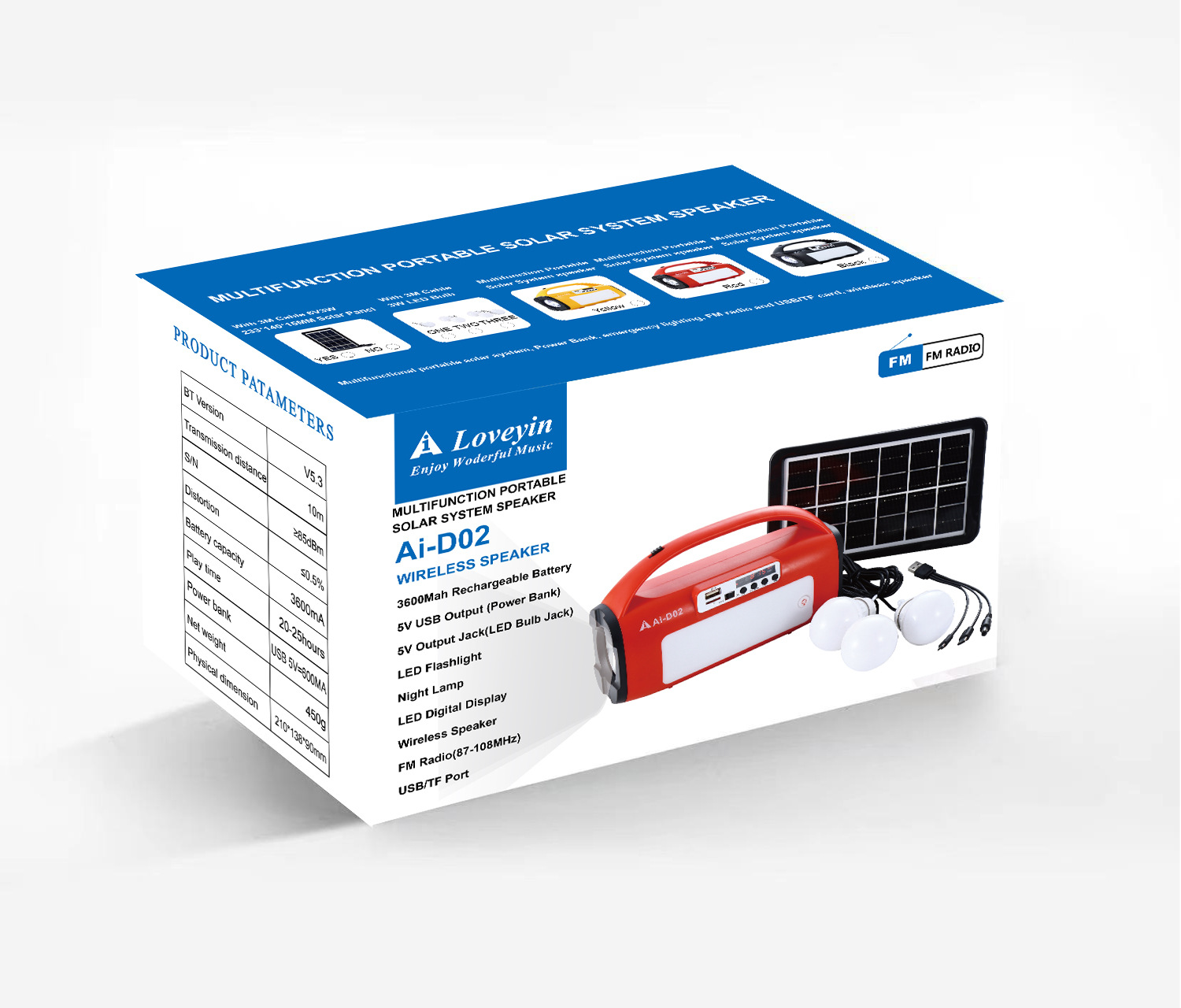 Solar-powered Bluetooth speaker lighting power generation system, card-inserting USB flash drive audio receiver, external three bulbs, mobile phone emergency charging pic 18