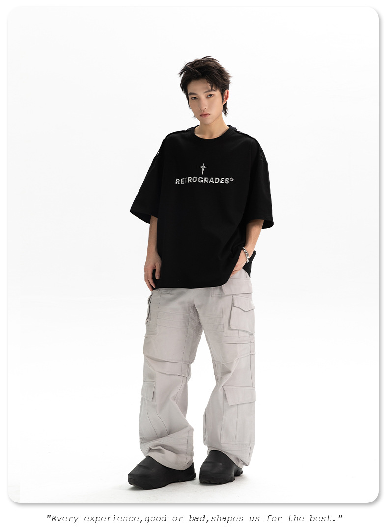 Shoulder four-button design T-shirt for men, loose American streetwear brand, metallic texture printed high street short-sleeved T-shirt, summer q pic 12