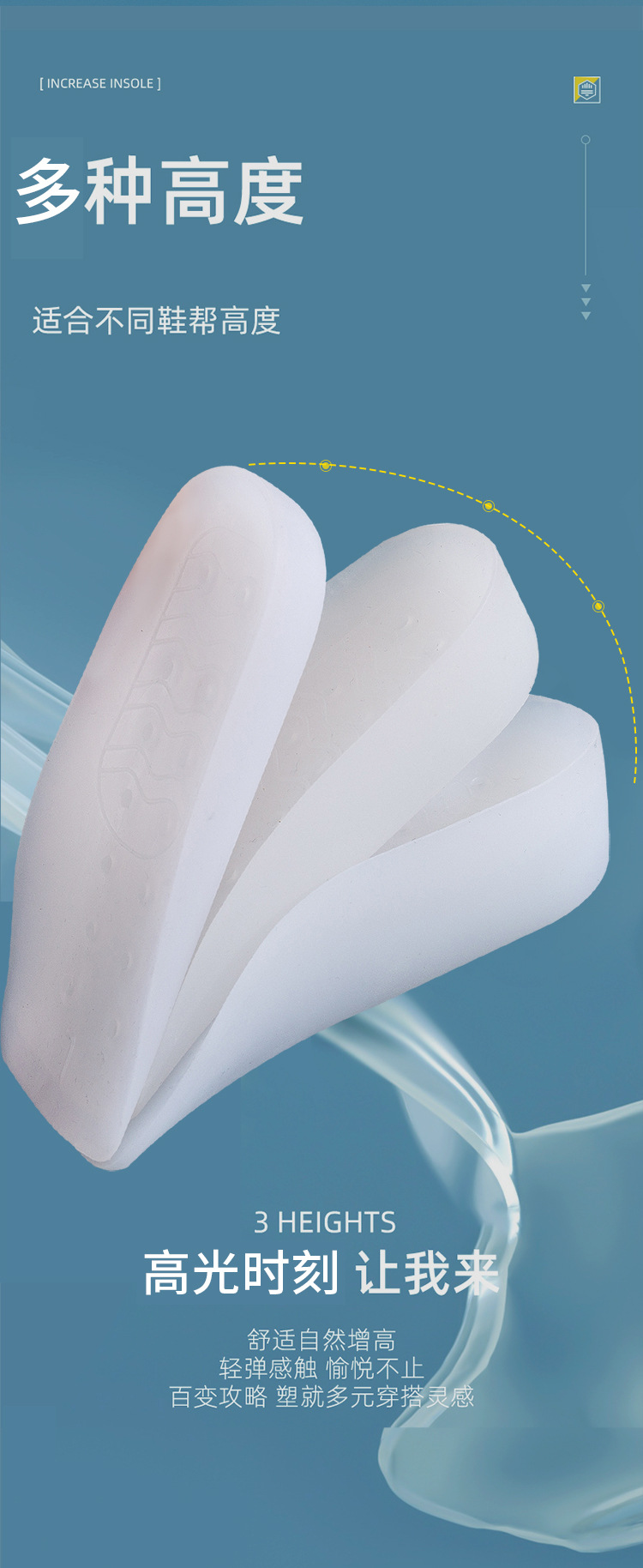 Height-increasing insoles for both men and women, invisible breathable heel pads, semi-padded soft and elastic silicone anti-slip inner height-increasing insoles pic 4
