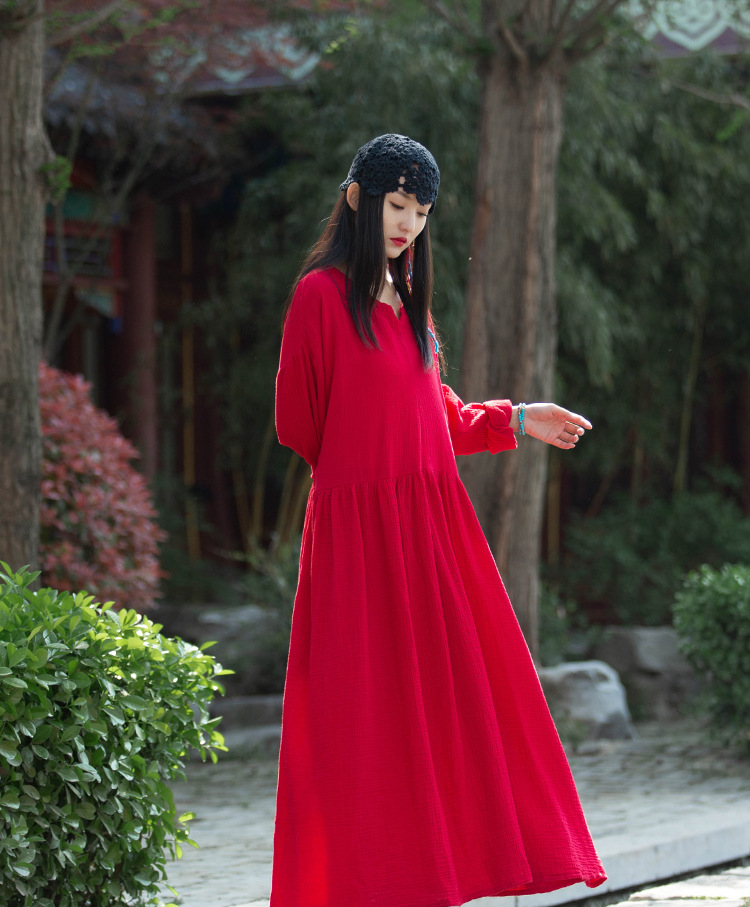 Spring and summer V-neck textured natural linen loose robe, double-layer large hem elegant long dress, retro fairy dress pic 12