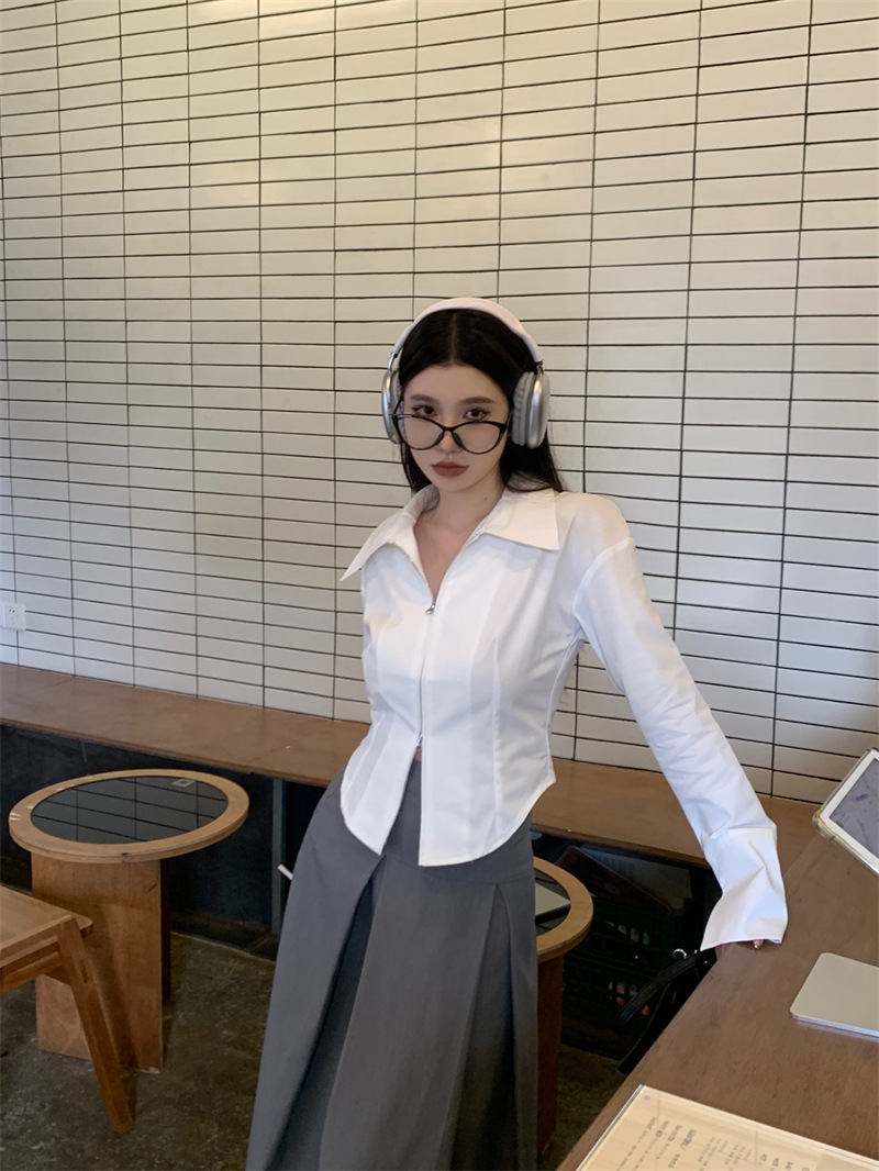 实拍2023春季新品艺术学姐白色衬衫女高级感短款修身长袖拉链衬衣详情6