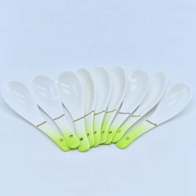 厂家陶瓷汤勺家用餐具小勺调羹骨质瓷三弯勺渐变骨瓷金线三弯勺详情2