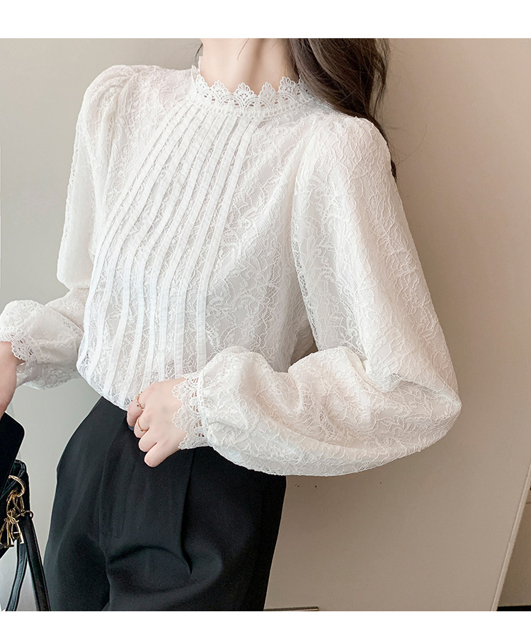 New Chinese-style in-stock real photos of the autumn new Korean-style versatile semi-high-neck lace base shirt for women. Pair it with a lace shirt inside pic 20