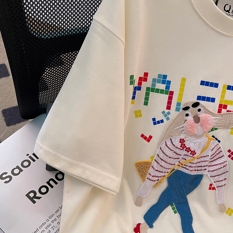 实拍32支双纱纯棉螺纹领短袖t恤女夏2023刺绣花圆领上衣大码女装详情13