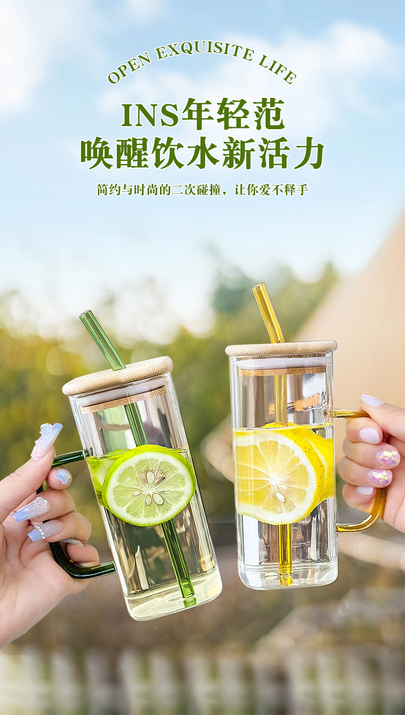 Square glass cup, transparent, simple, heat-resistant, lid with straw, breakfast milk juice with handle, water cup for children pic 2