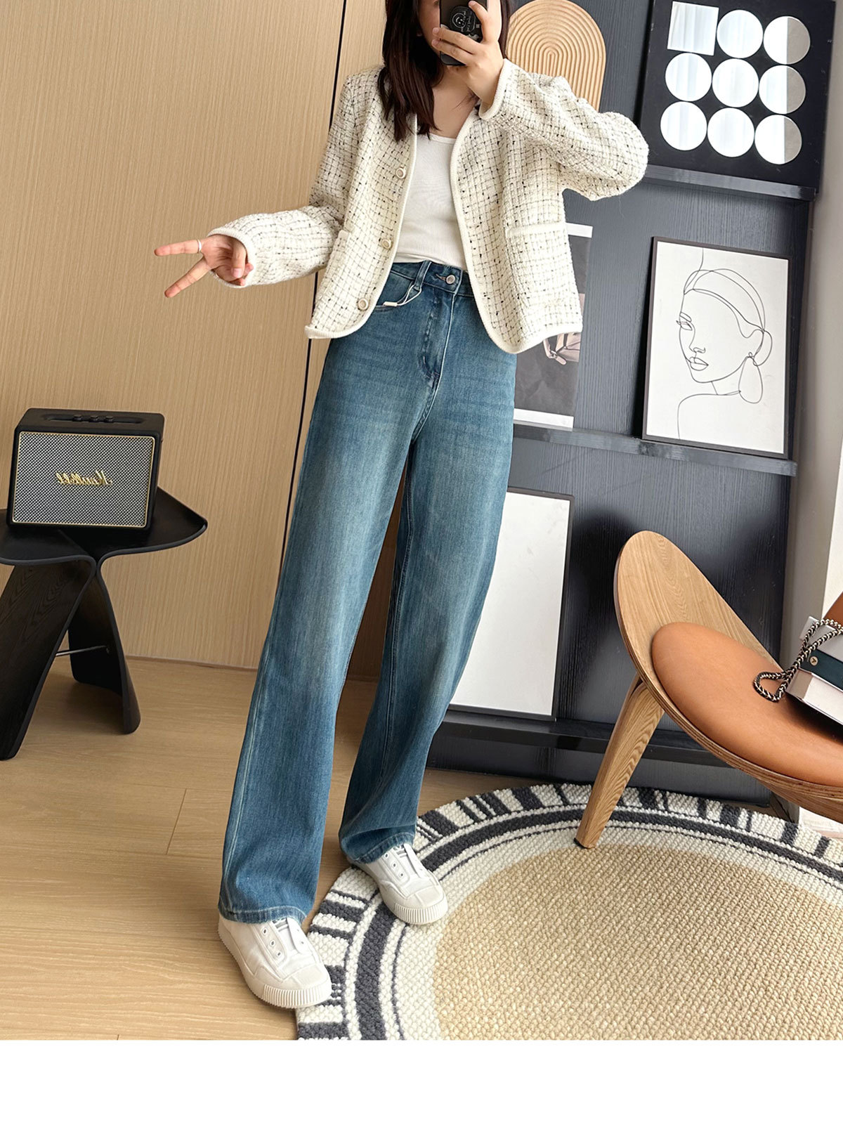 Close your eyes and join the series! New four-sided stretch fleece jeans for women in autumn and winter, slim and leg-slimming, straight-leg wide-leg pants pic 9