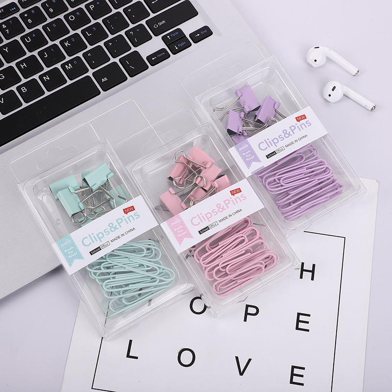 Cross-border 2-in-1 office combo set, macaron-colored large and small paper clip, ticket holder, thumbtack, swallowtail clip, box set pic 9