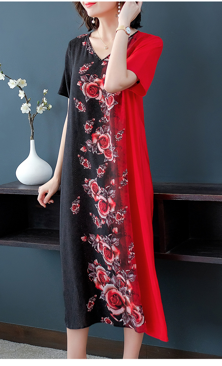 批发V领印花连衣裙女2021夏季新款阔太太大码遮肚桑蚕丝裙子潮详情8