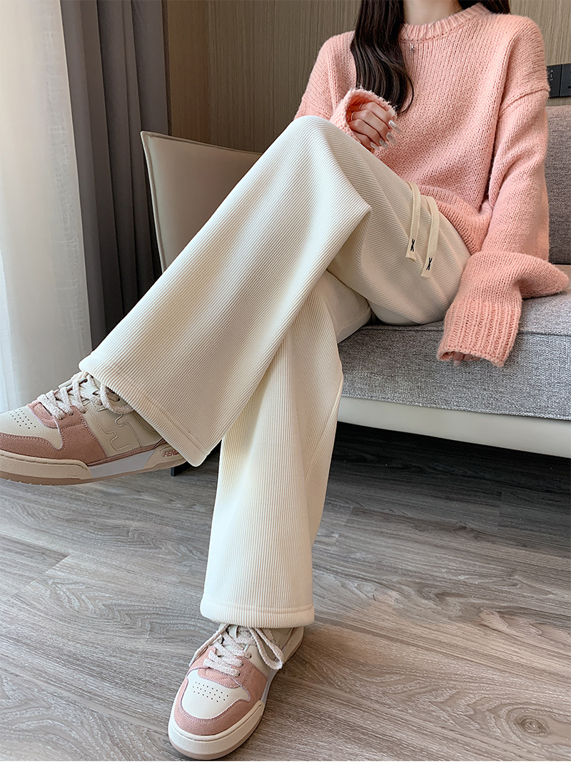 秋冬新款欧棉绒阔腿裤女高腰显瘦宽松抽绳百搭直筒垂感口袋休闲裤详情21