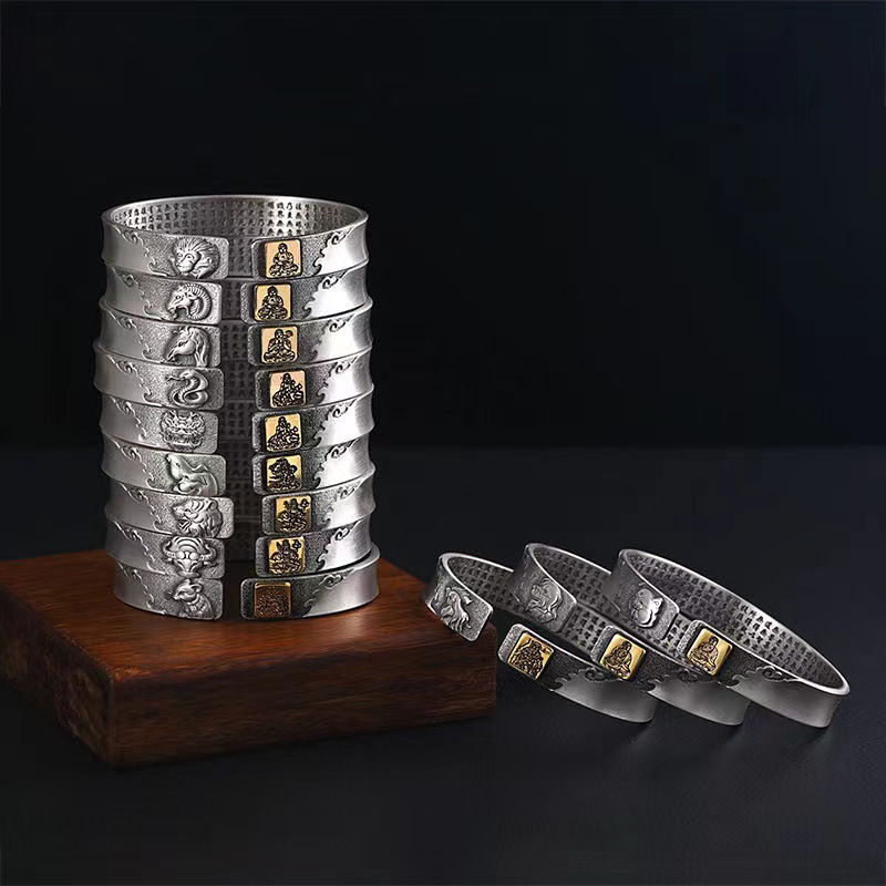 Hot-selling item: Twelve zodiac signs, eight Guardian Deities, zodiac Buddha silver-plated bracelet, aged and retro style, open Thai silver bracelet pic 13