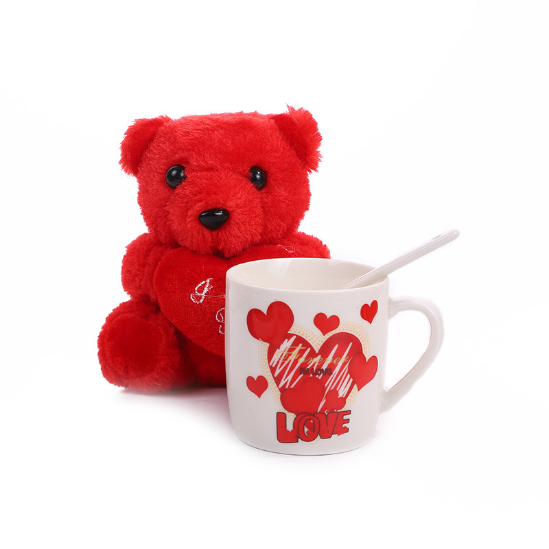 外贸专供情人节陶瓷杯咖啡杯套装情侣礼品毛绒小熊带手柄勺礼盒详情1