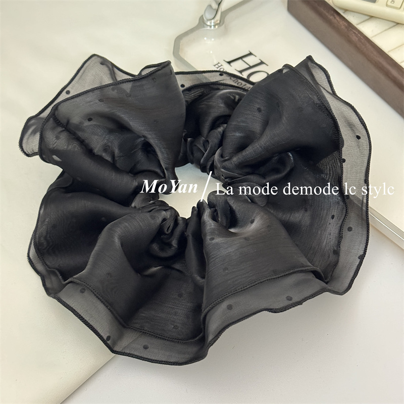 Double-layer fluffy cloud polka dot pearlescent gauze large intestine hair band, elegant bun hairstyle hair tie 2024 ponytail hair tie hair accessory pic 7