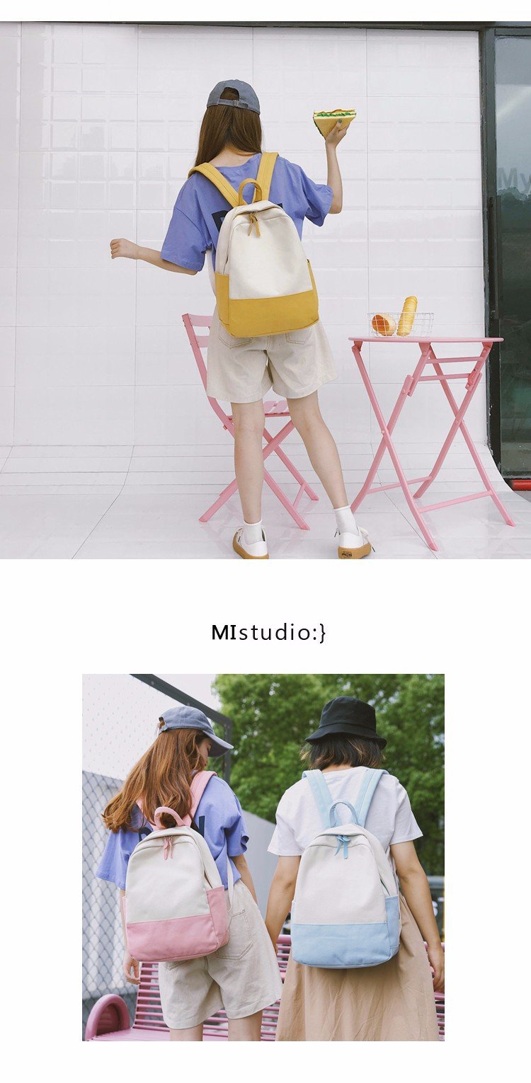Factory wholesale of college-style, fresh, artistic, simple and versatile canvas backpacks, color-matched schoolbags for middle school best friends pic 11