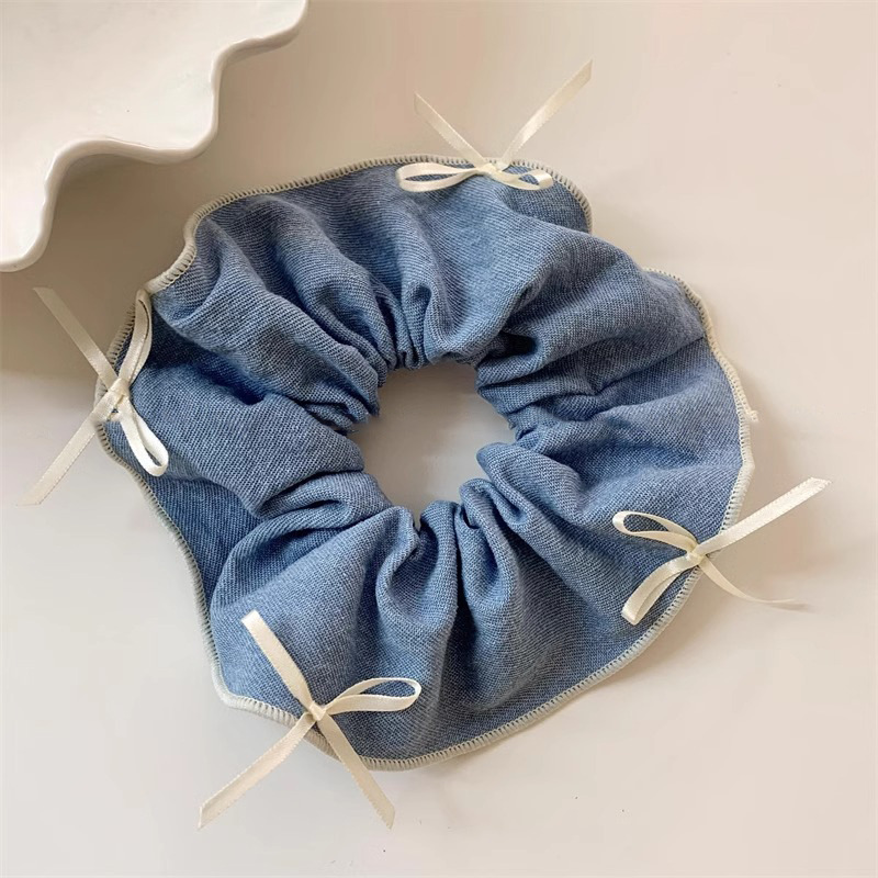 Sweet and cool style denim blue bow large intestine hair band, women's high-end look low ponytail leather band Korean-style hair tie pic 8