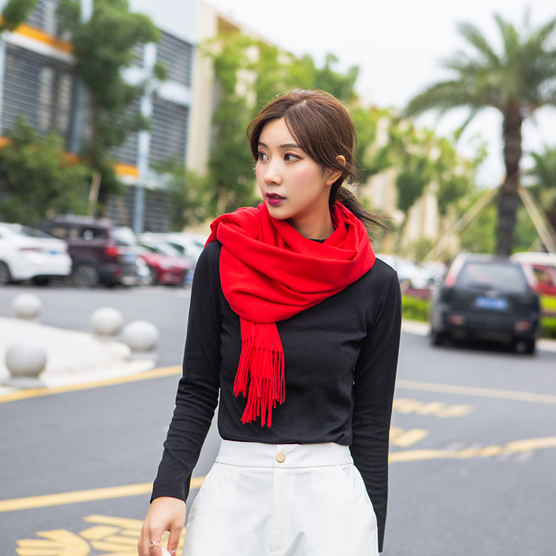 Autumn and winter silk velvet long scarf, Chinese red tassel warm scarf, company annual meeting souvenir shawl for women pic 19