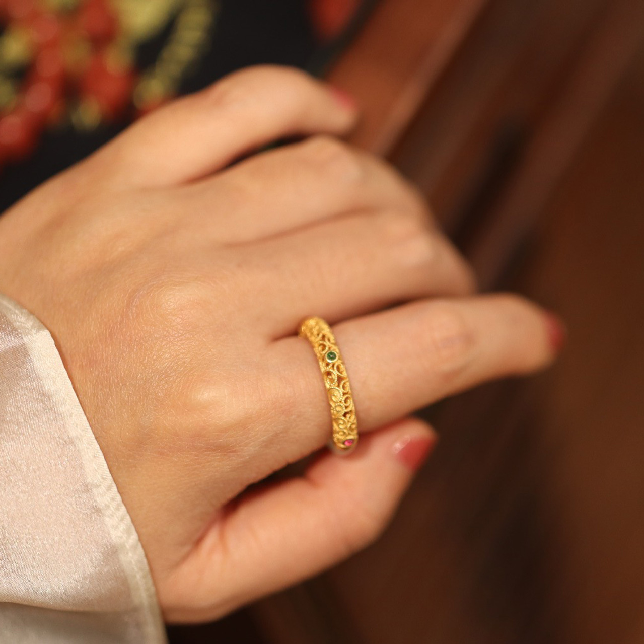 Natural jade A-grade carved ring for men and women, 925 silver thread inlaid with ancient method hollowed-out ring, retro court style pic 30