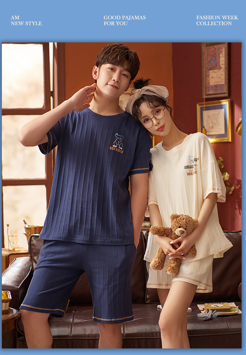 Novedades pareja manga corta pantalones cortos pijamas mujer verano slim algodón peinado hombre traje de hogar suelto casual cartoon pic 28