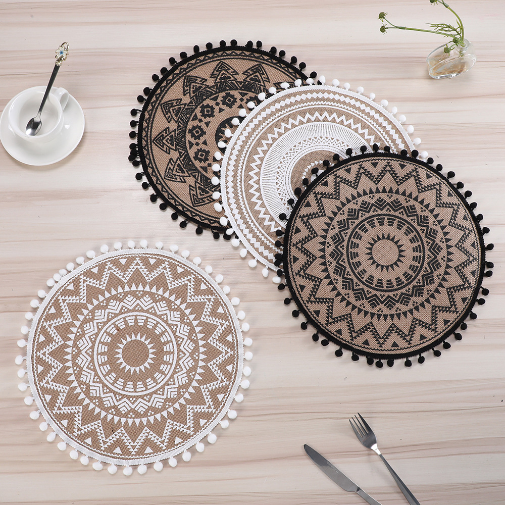 Moroccan-style anti-slip faux linen printed small wool ball placemats, home decorative MATS, high-end light luxury table MATS for hotels and homestays, heat-insulating MATS, placemats, heat-resistant MATS pic 2