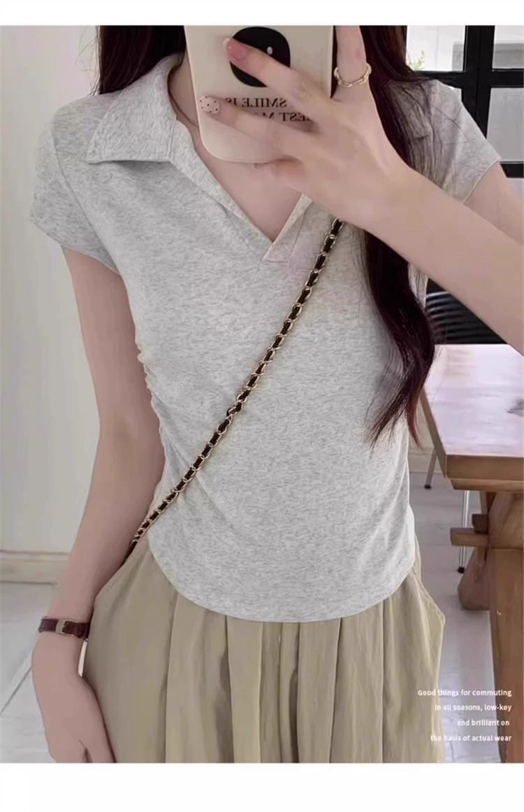 polo collar slimming and form-fitting shoulder T-shirt for women, short sleeve, pure and hot girl, short design with a cinched waist, top for summer pic 29