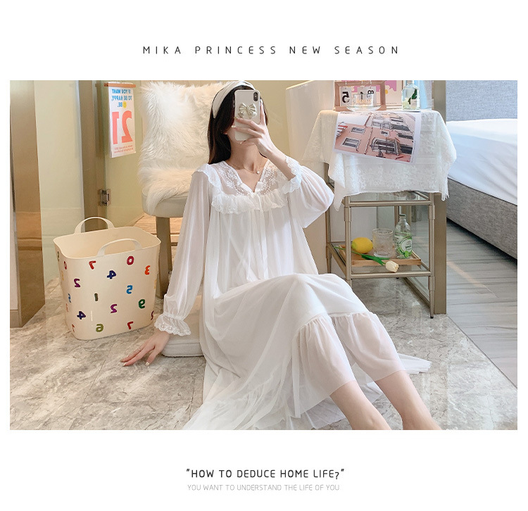 人气公主风睡裙女长袖网纱性感连衣裙长袖宫廷休闲纯棉睡衣睡裙秋详情16