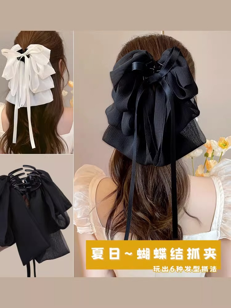 Korean-style bow hair clip, ribbon, oversized back head grab clip, high-end updo chiffon hair accessory, top clip wholesale for women pic 1