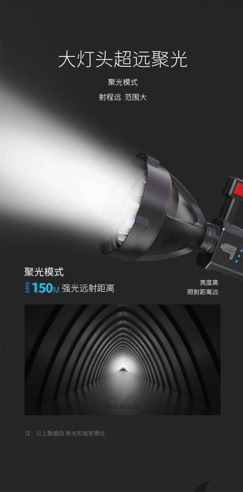 跨境LED强光远射高亮COB户外作业探照野营夜钓手提灯带支架电显手电详情1