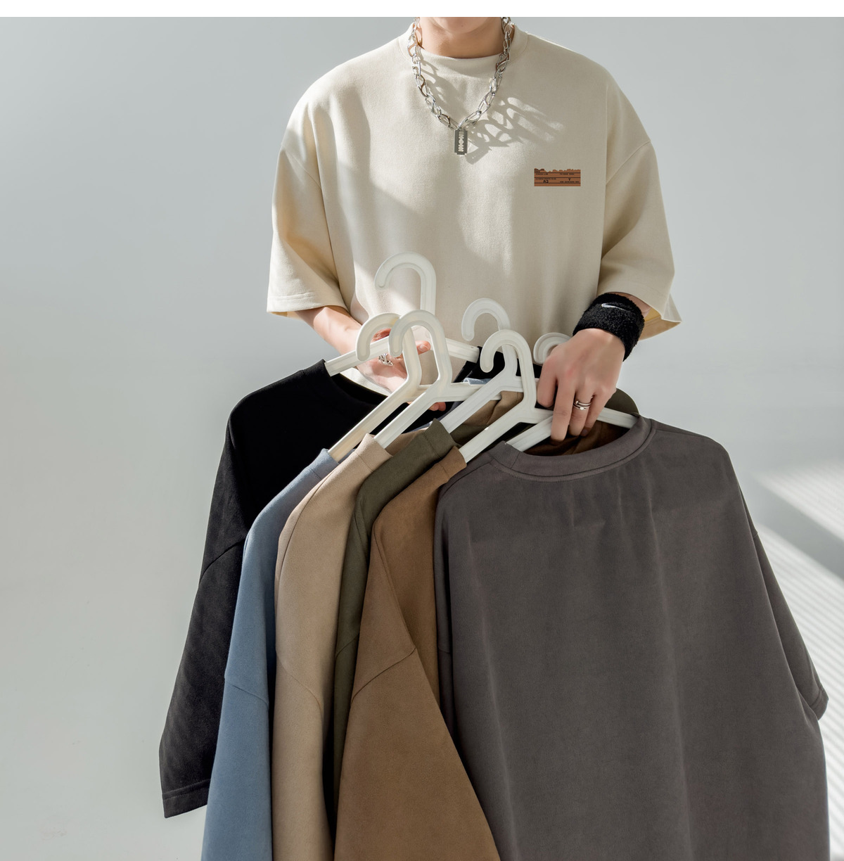 简恒咖色重磅美式复古男士短袖t恤夏季男款百搭仿麂皮绒定制T恤潮详情11