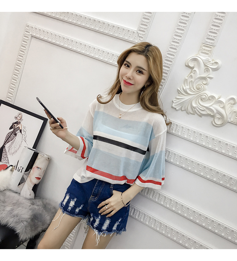 Korean-style striped thin cut-out see-through knitted sweater for women, half-sleeved loose large-sized flared sleeve top pic 1
