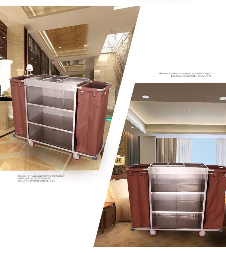 Hotel and guesthouse stainless steel double-sided linen cart, room entrance service cart, hand-pushed cleaning work cart pic 20