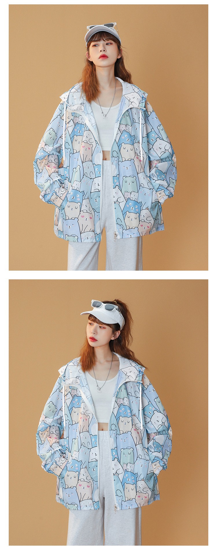 A large-sized loose hooded sun-protective cardigan with a zipper jacket for women, a new summer design with a unique and niche long-sleeved sun-protective clothing pic 2