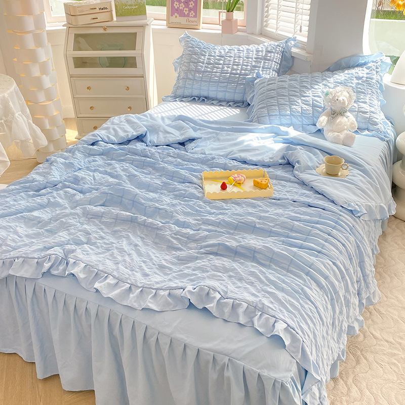 Simple style bubble gauze summer quilt four-piece set, high-end solid color washed cotton bed sheet, bed skirt, quilt cover, dormitory three-piece set pic 25