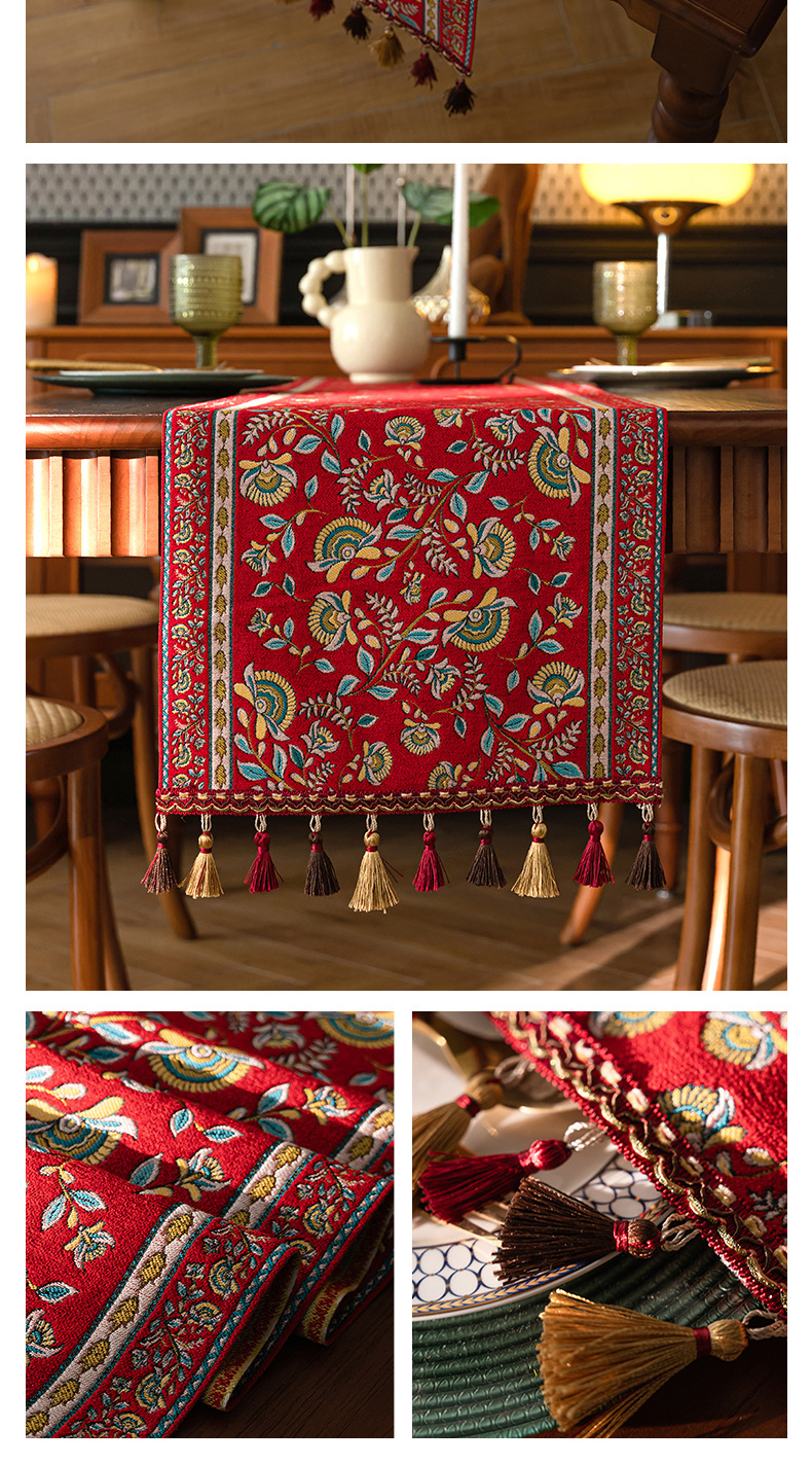 Cool Happiness American retro style, fashionable, simple, elegant and high-end, long tablecloth, colored jacquard, high-end, tassel, home coffee table, tea flag, high-end chest of drawers, table flag pic 37