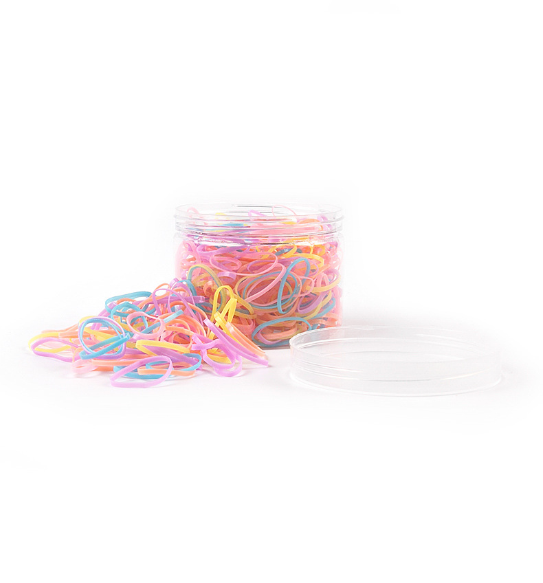 The new box-packed hair tie features a large black round bottle with colorful high-elasticity hair bands that can be pulled unbreakable. It is a disposable small rubber band for children pic 11