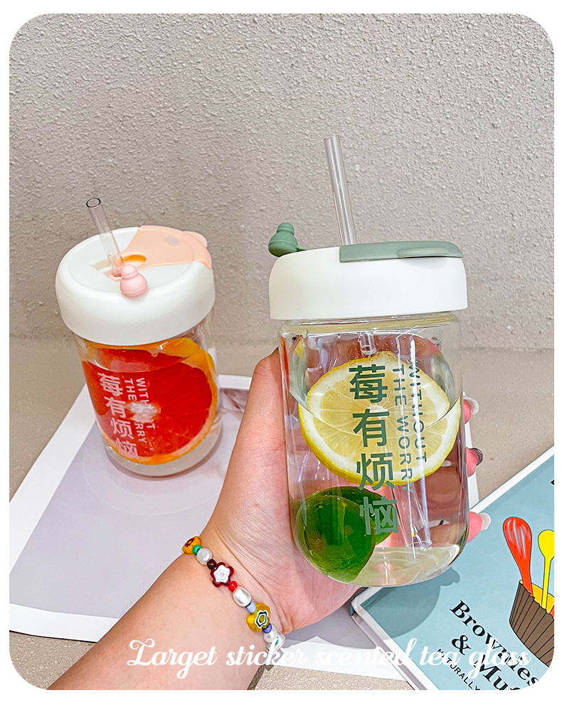 Summer ton ton straw cup for girls, high appearance level small water bottle, summer women's water bottle, large-capacity high-temperature resistant glass cup pic 9