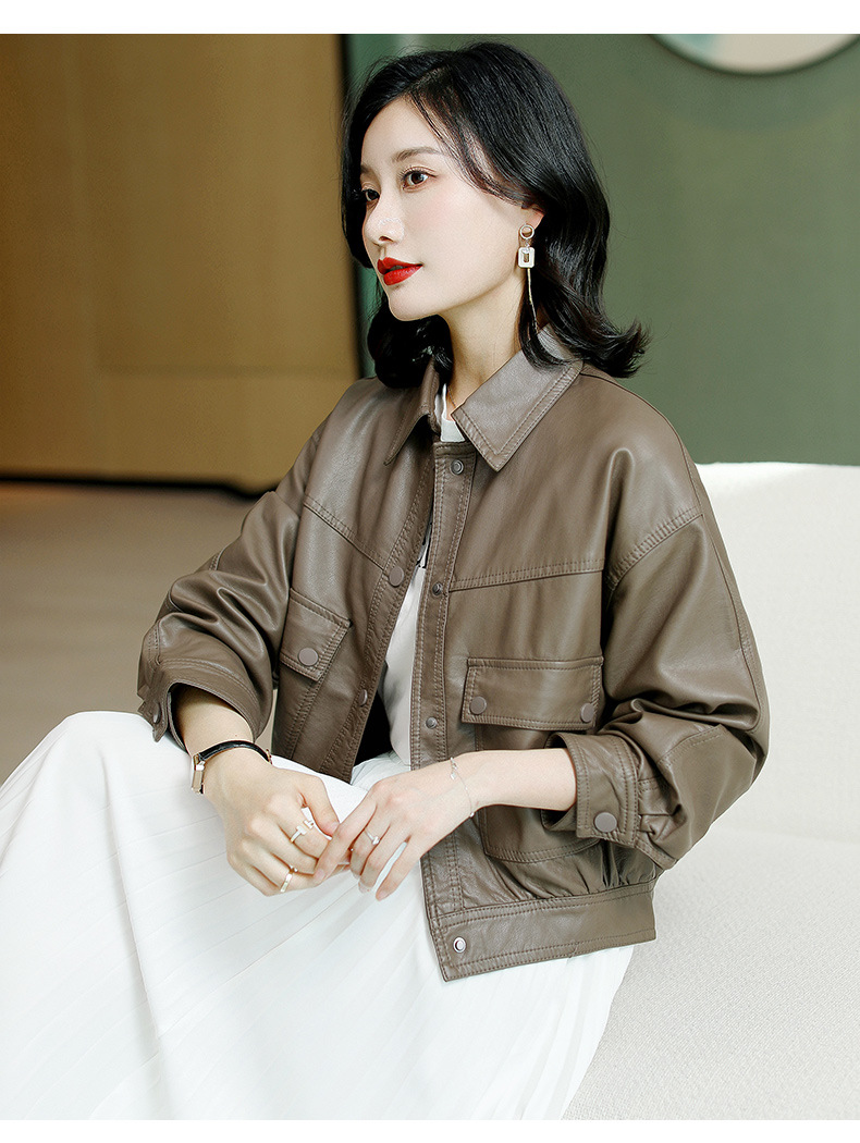 纯色单排扣PU皮衣女2022年春秋新款时尚韩版翻领长袖机车服外套详情14