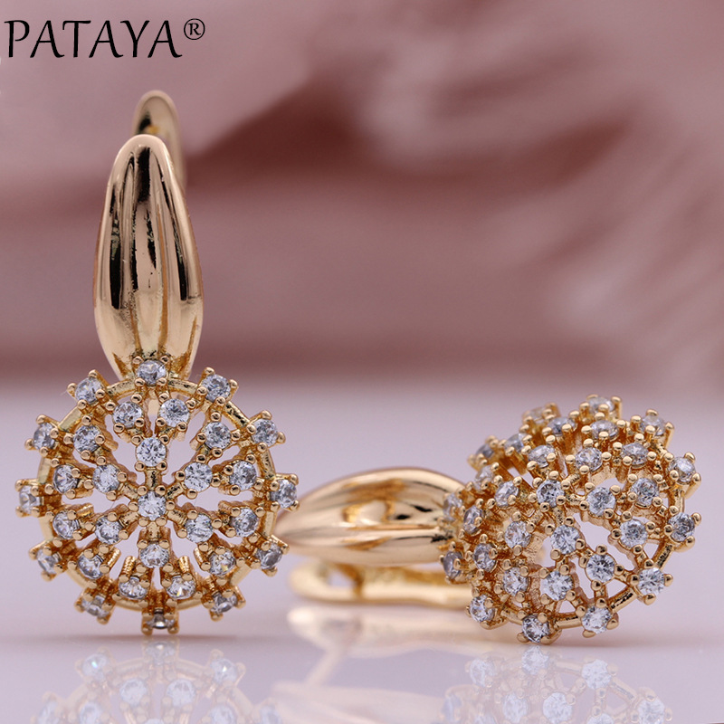 PATAYA585 rose gold electroplated earrings, cross-border direct supply, unique and luxurious hollowed-out zircon round earrings pic 3