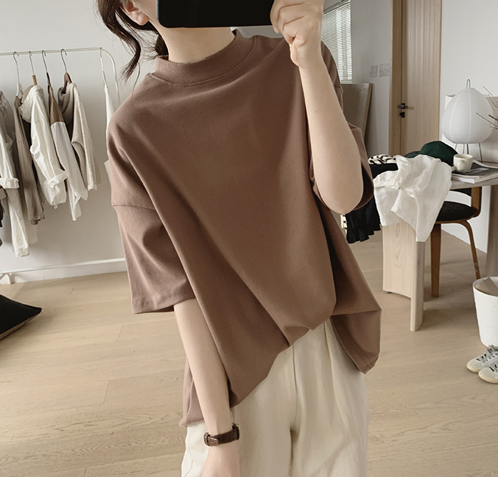 琪镌绘制半高领t恤女式春夏季新款宽松显瘦韩版简约半袖减龄棉质详情27