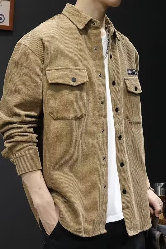春秋新款男士灯芯绒衬衫 日系复古休闲百搭工装长袖上衣 外套搭配羽绒服保暖时尚详情35