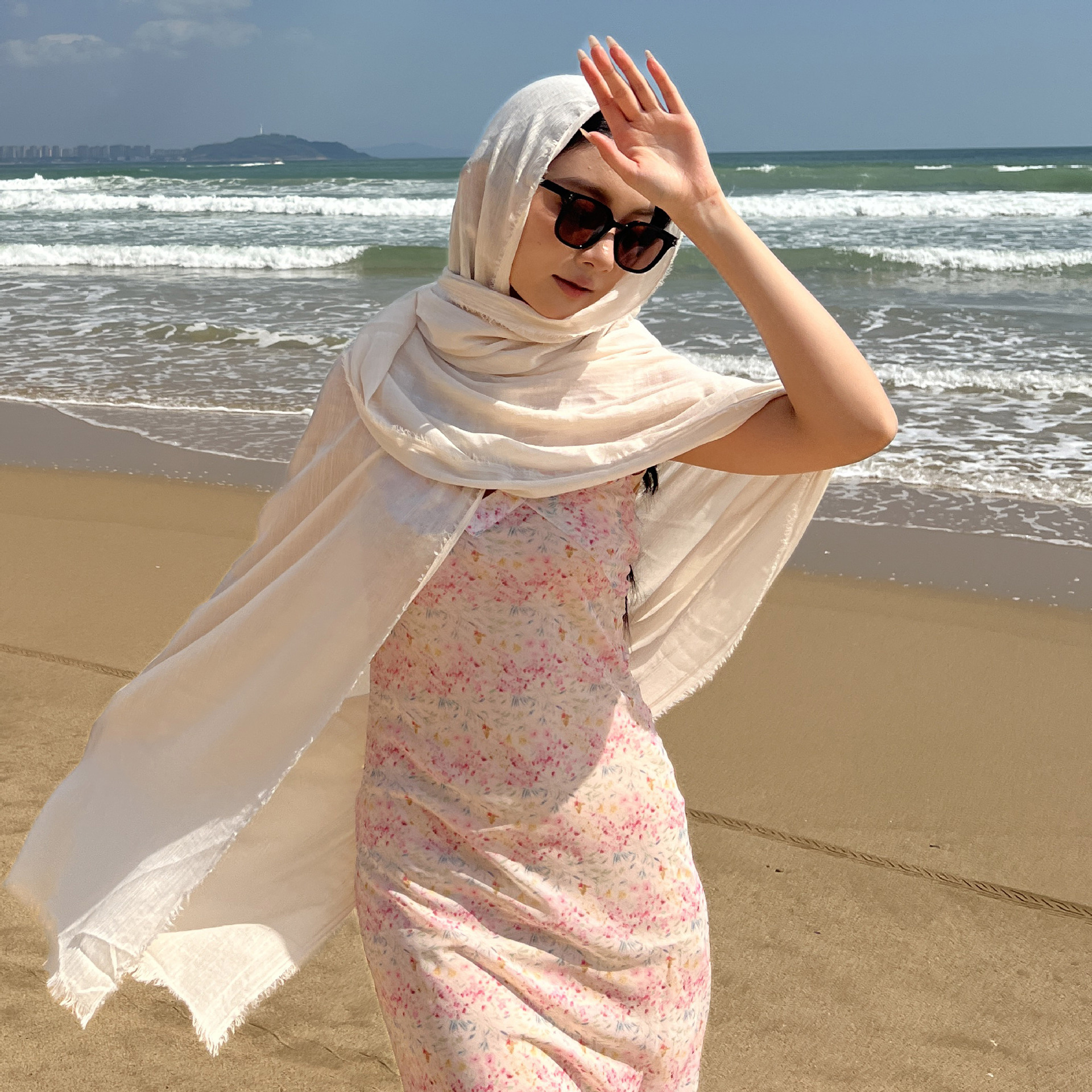 Cross-border cotton and linen scarf with a high-end feel, solid color for spring and summer, Japanese and Korean atmosphere, sun-protective shawl, simple long silk scarf pic 2
