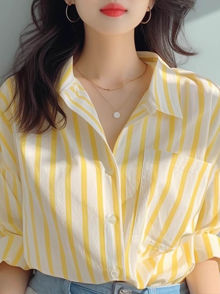 黄白色竖条纹衬衫女2024早春新款衬衣欧货洋气小衫爆款海边防晒衫详情5
