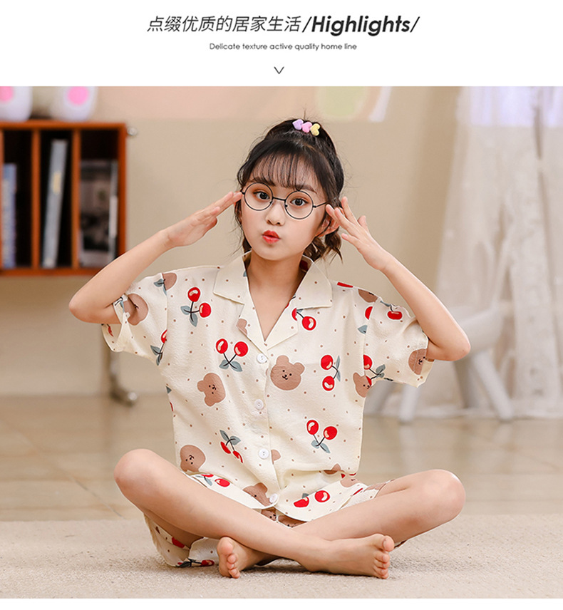 2023女童睡衣儿童夏季短袖短裤泡泡绉布套装女孩开衫大童家居服夏详情34