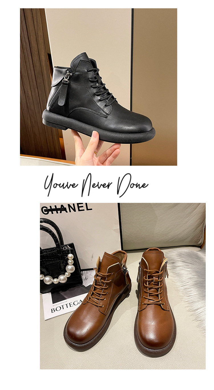 2023水洗复古真软皮马丁靴女 平底韩版双侧拉链女式皮靴子休闲女详情12