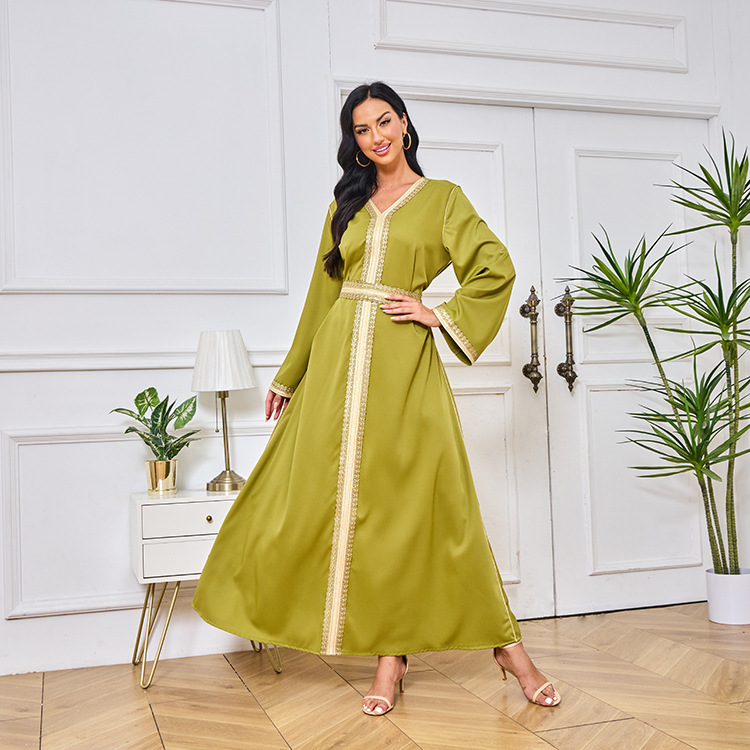 MT098中东外贸迪拜穆斯林长袍女装 刺绣金色珠片花边连衣裙 abaya详情18