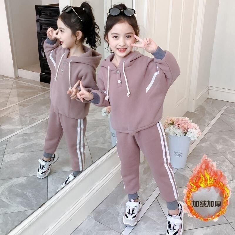外贸加绒秋冬季2022新款儿童女童服装拼接连帽卫衣套装两件套批发详情17