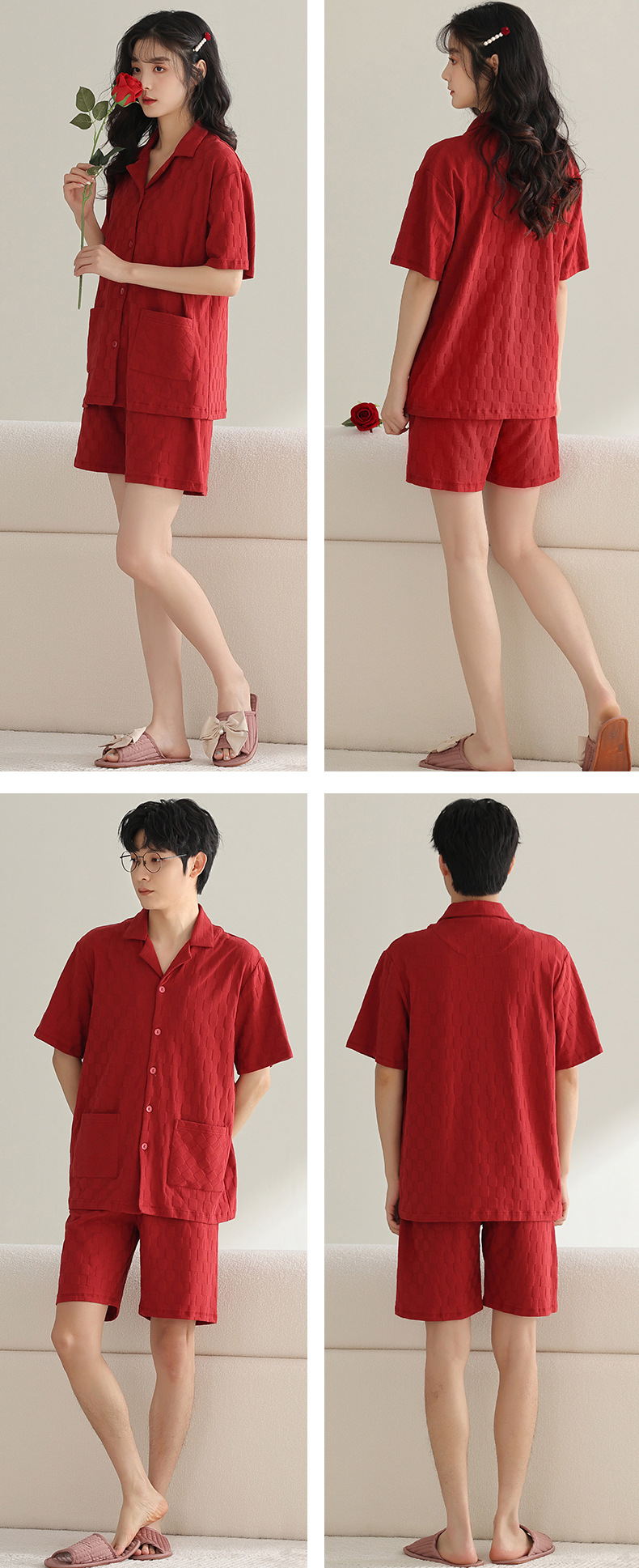 纯棉情侣睡衣夏季结婚新婚大码男士开衫长裤本命年红色家居服夏女详情16