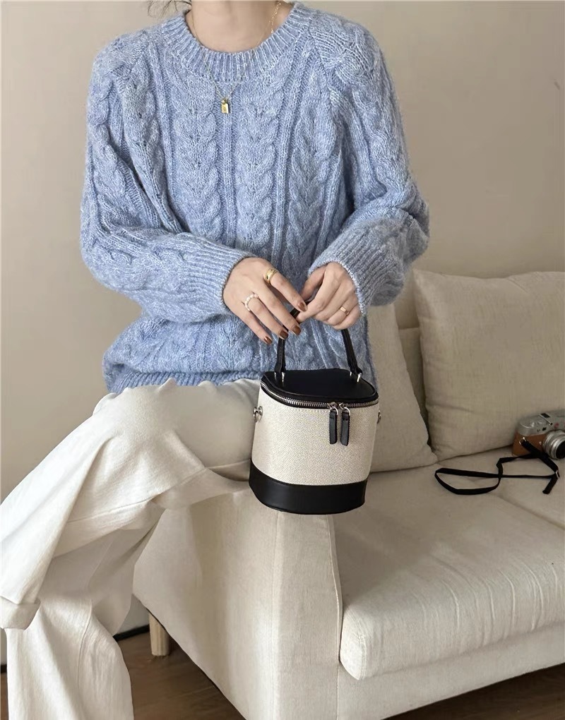 韩系纯色简约慵懒风麻花套头毛衣女秋冬款圆领长袖软糯打底针织衫详情43