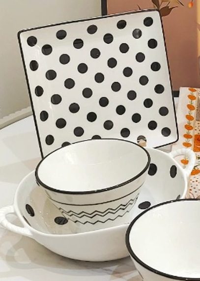 【赫本风八件套】简约波点花色陶瓷饭碗双耳个性家用餐具套装组合详情3